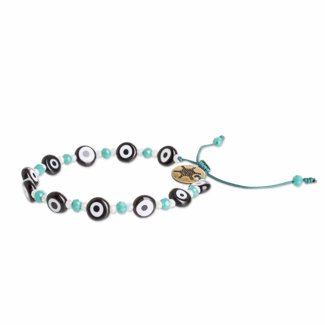 Crystal and Nazar Glass Beaded Bracelet in Teal Hues - Teal Protection