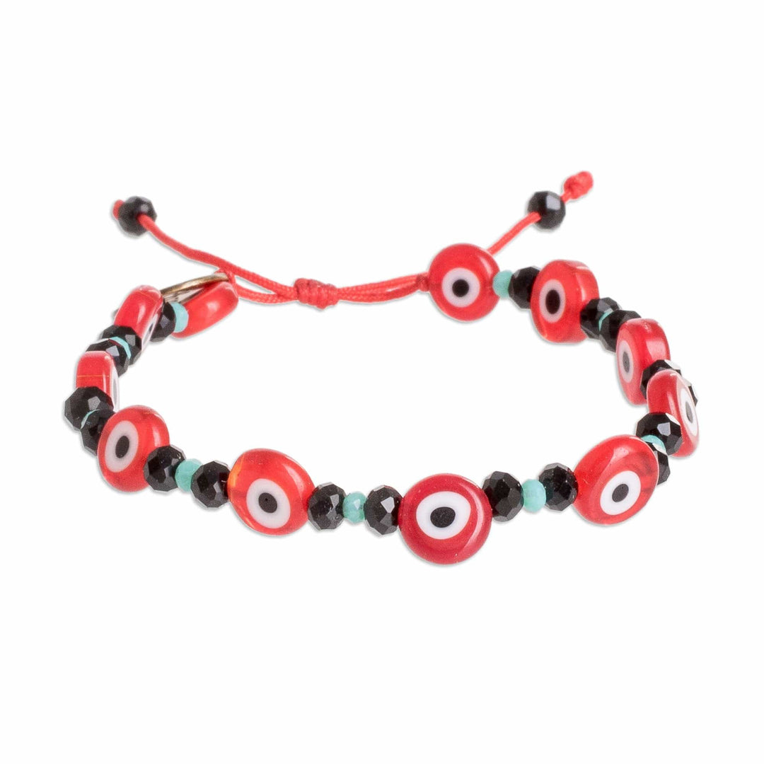 Crystal and Nazar Glass Beaded Bracelet in Red Hues - Red Protection
