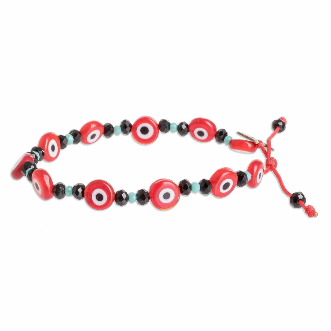 Crystal and Nazar Glass Beaded Bracelet in Red Hues - Red Protection