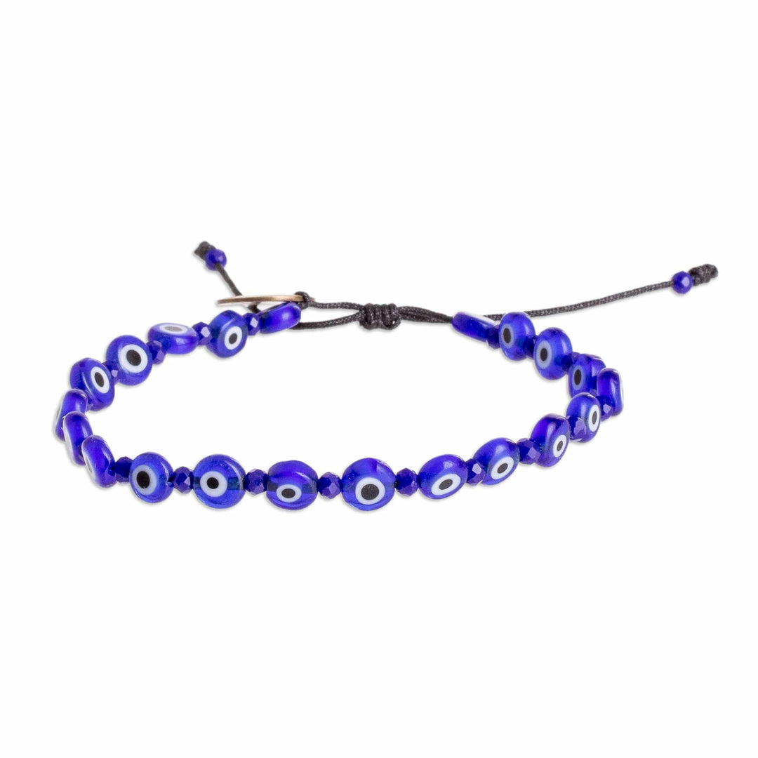 Adjustable Blue Crystal and Nazar Glass Beaded Bracelet - Blue Guards