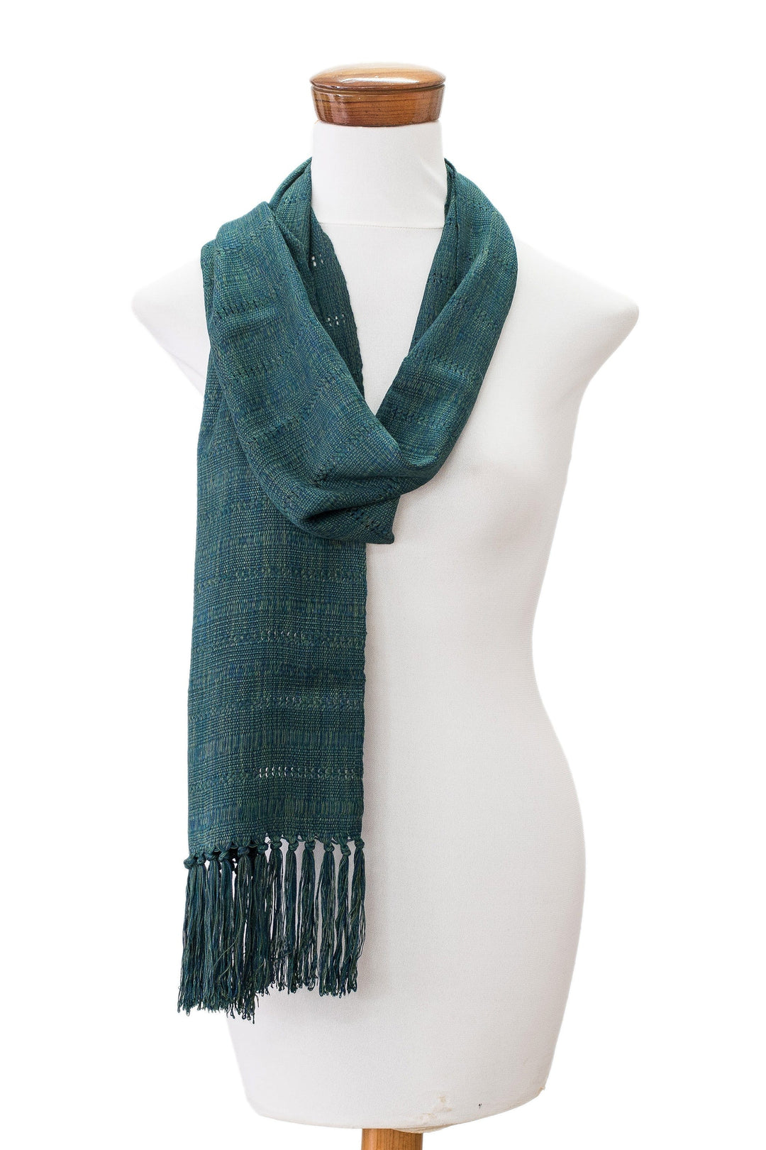 Handloomed Striped Teal Rayon Scarf with Fringes - Teal Guatemala