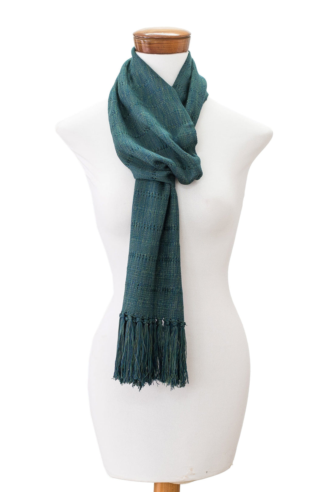 Handloomed Striped Teal Rayon Scarf with Fringes - Teal Guatemala