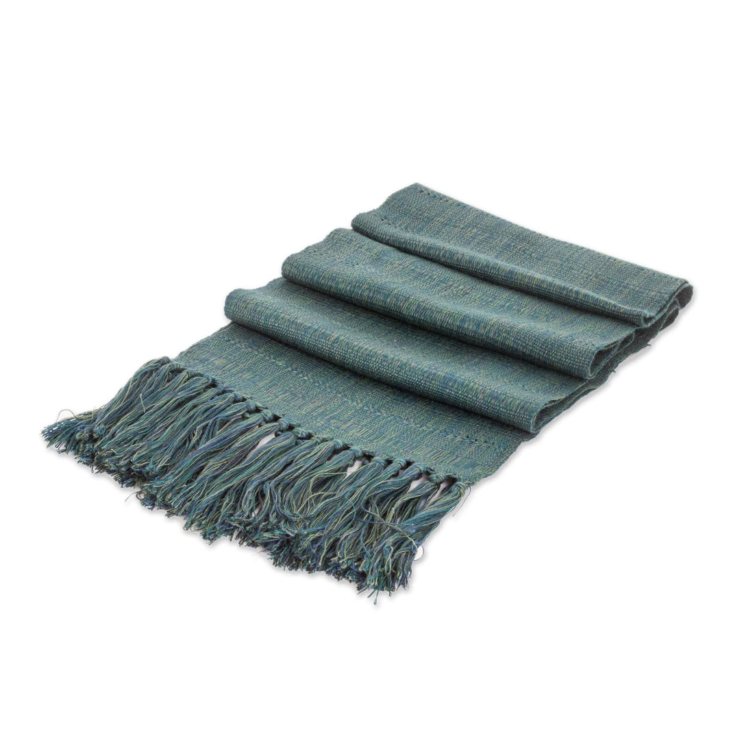 Handloomed Striped Teal Rayon Scarf with Fringes - Teal Guatemala
