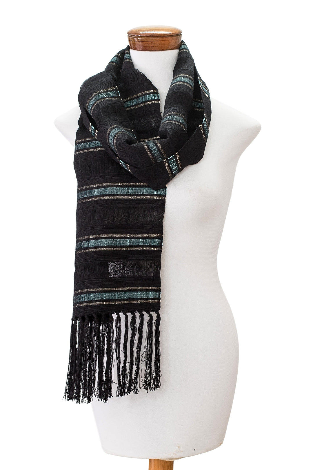 Handloomed Striped Cerulean and Black Rayon Scarf - Cerulean Rivers