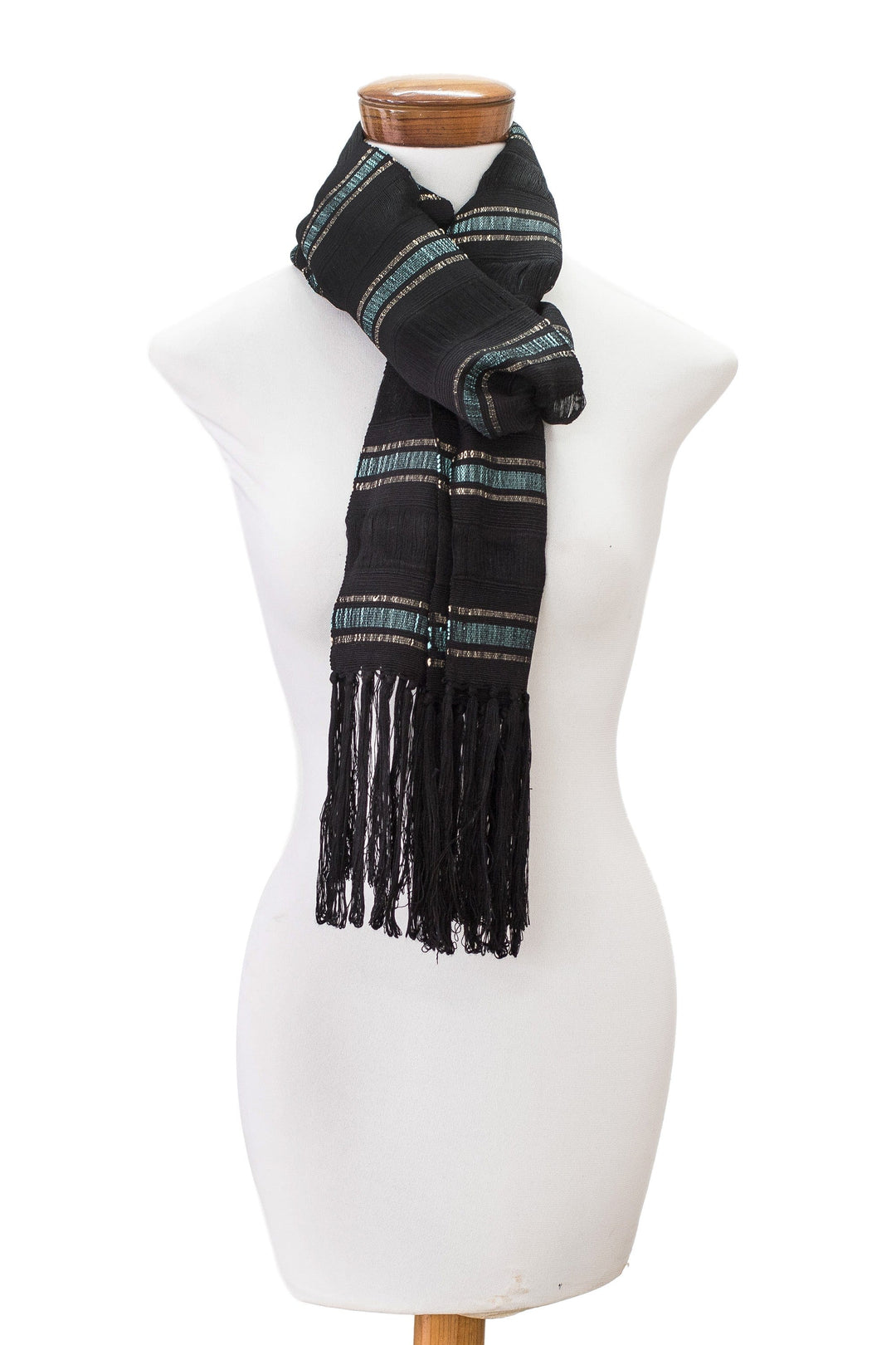 Handloomed Striped Cerulean and Black Rayon Scarf - Cerulean Rivers