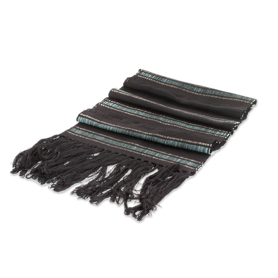 Handloomed Striped Cerulean and Black Rayon Scarf - Cerulean Rivers