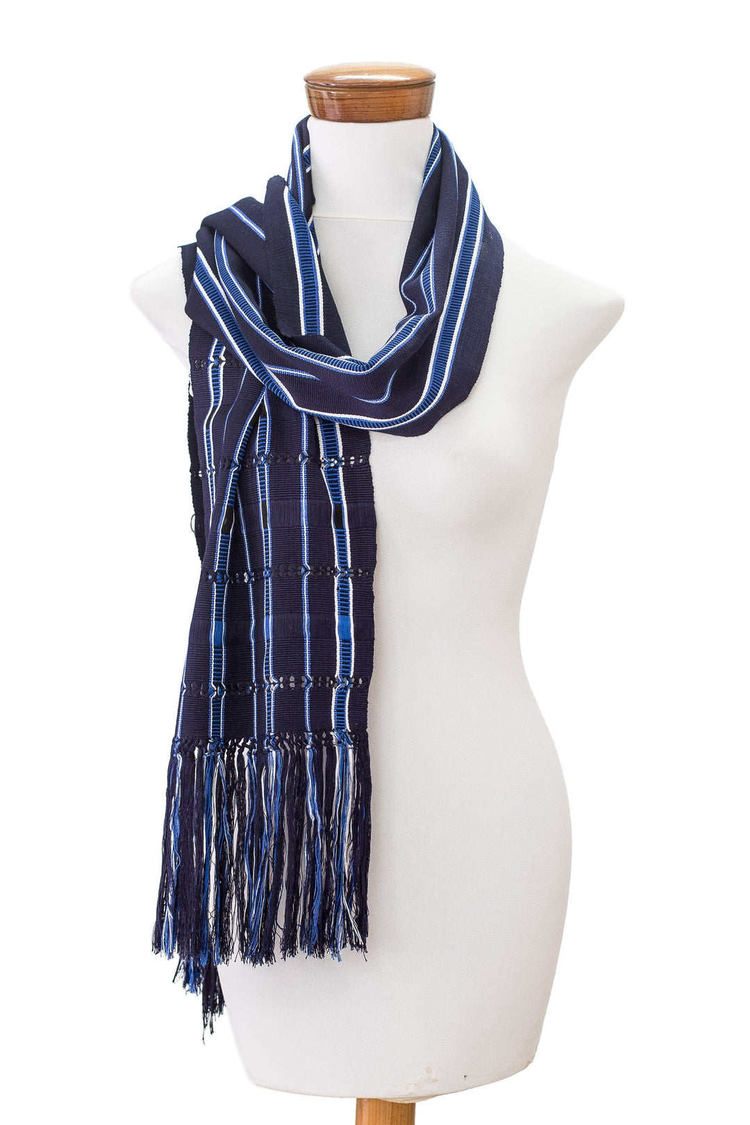 Handloomed Striped Indigo and Midnight Rayon Scarf - Cloudscape in Indigo