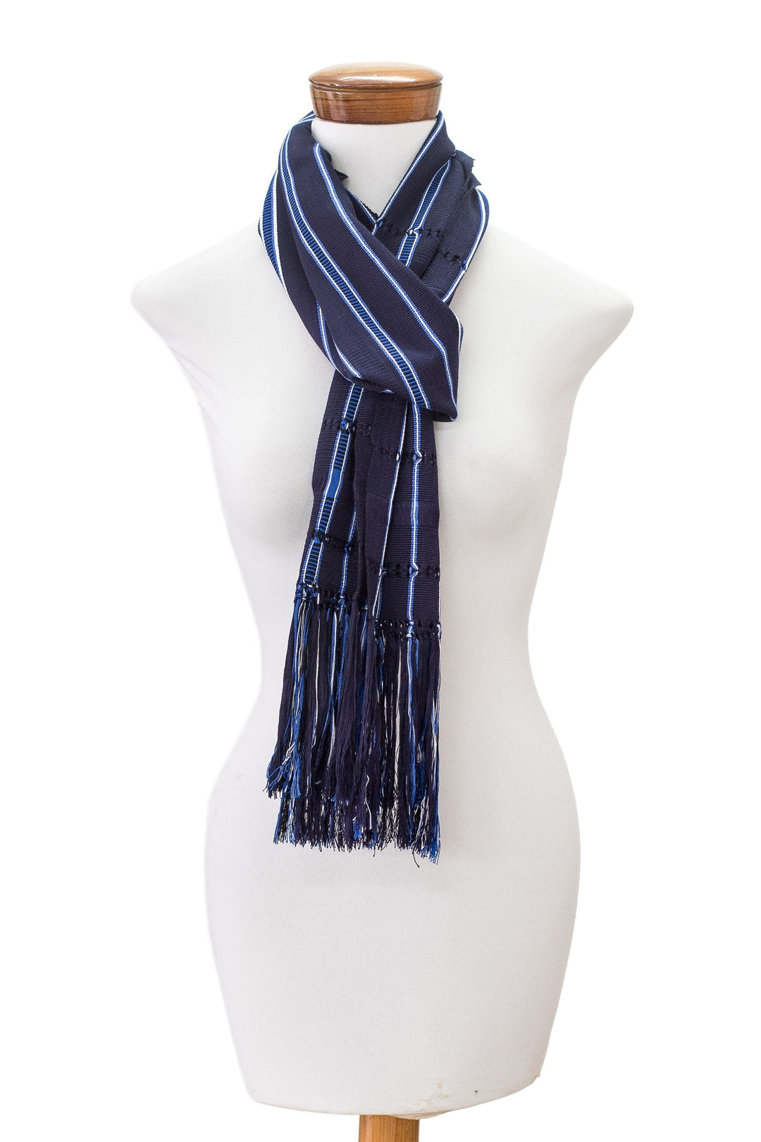 Handloomed Striped Indigo and Midnight Rayon Scarf - Cloudscape in Indigo