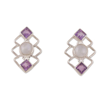 Geometric Amethyst and Rainbow Moonstone Button Earrings - Charismatic Harmony