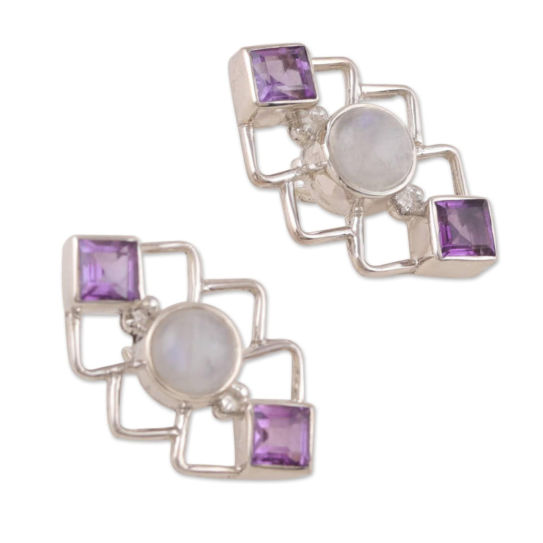 Geometric Amethyst and Rainbow Moonstone Button Earrings - Charismatic Harmony