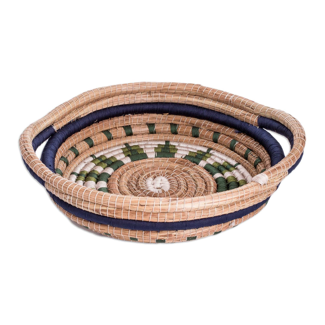 Handwoven Natural Fiber Basket in Navy and Green Hues - Night Nature