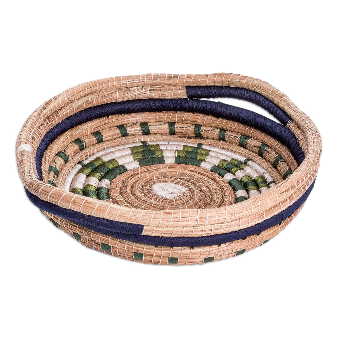 Handwoven Natural Fiber Basket in Navy and Green Hues - Night Nature
