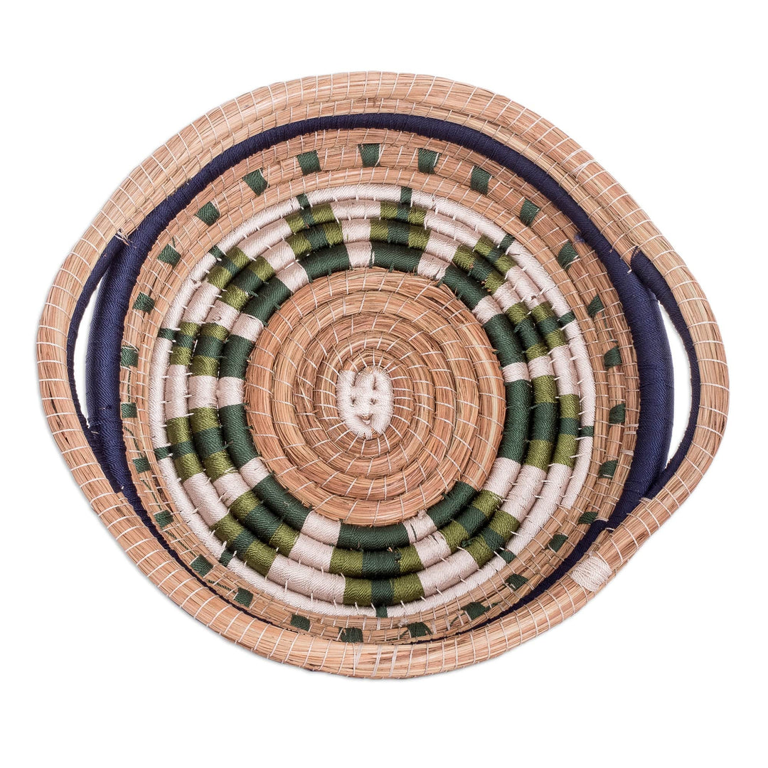 Handwoven Natural Fiber Basket in Navy and Green Hues - Night Nature