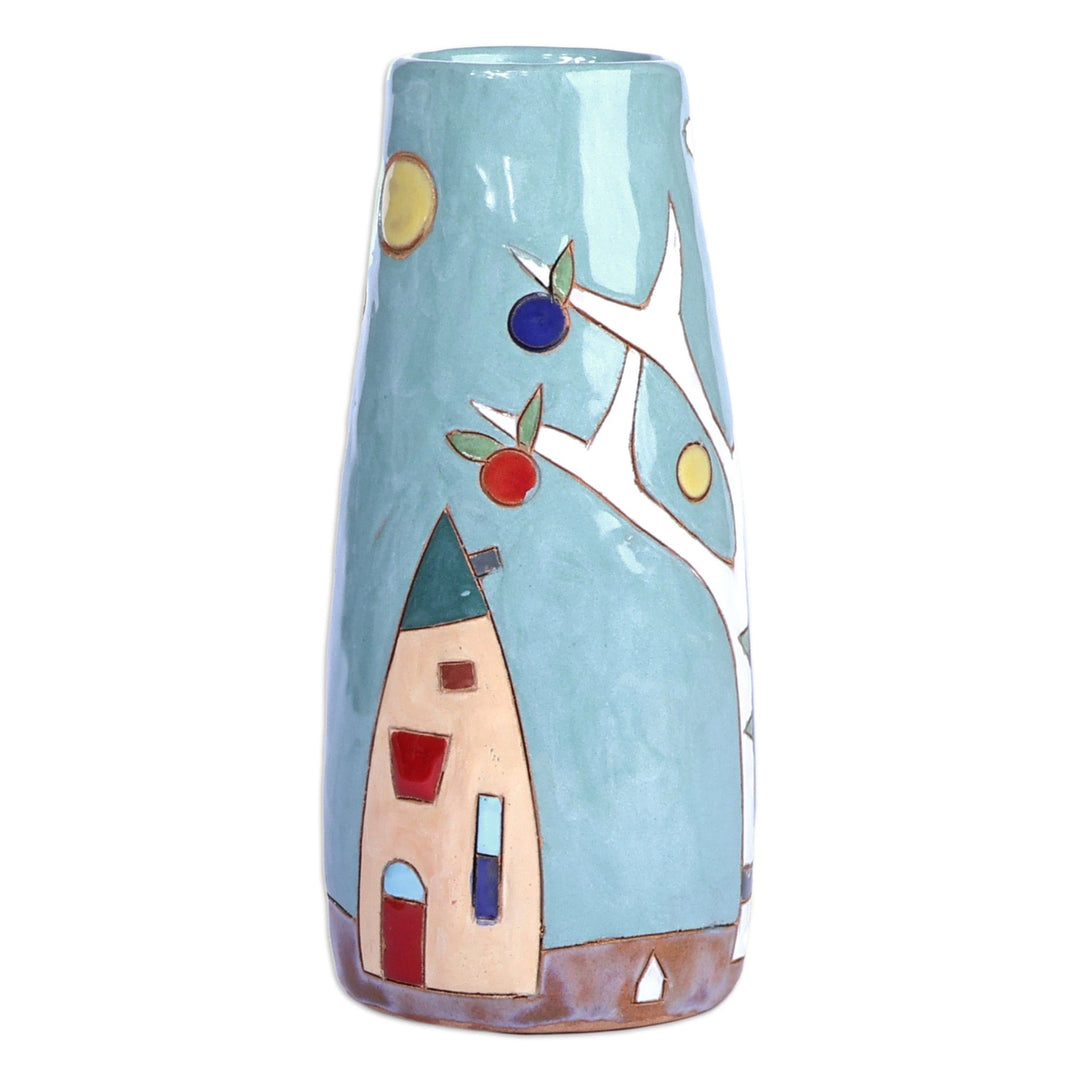 Glazed Ceramic Vase with Pomegranate Tree Motif in Teal - Pomegranate Tree in Teal