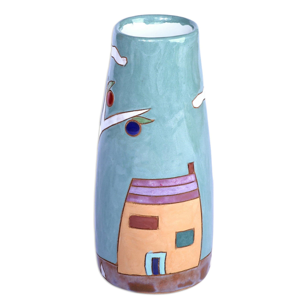 Glazed Ceramic Vase with Pomegranate Tree Motif in Teal - Pomegranate Tree in Teal