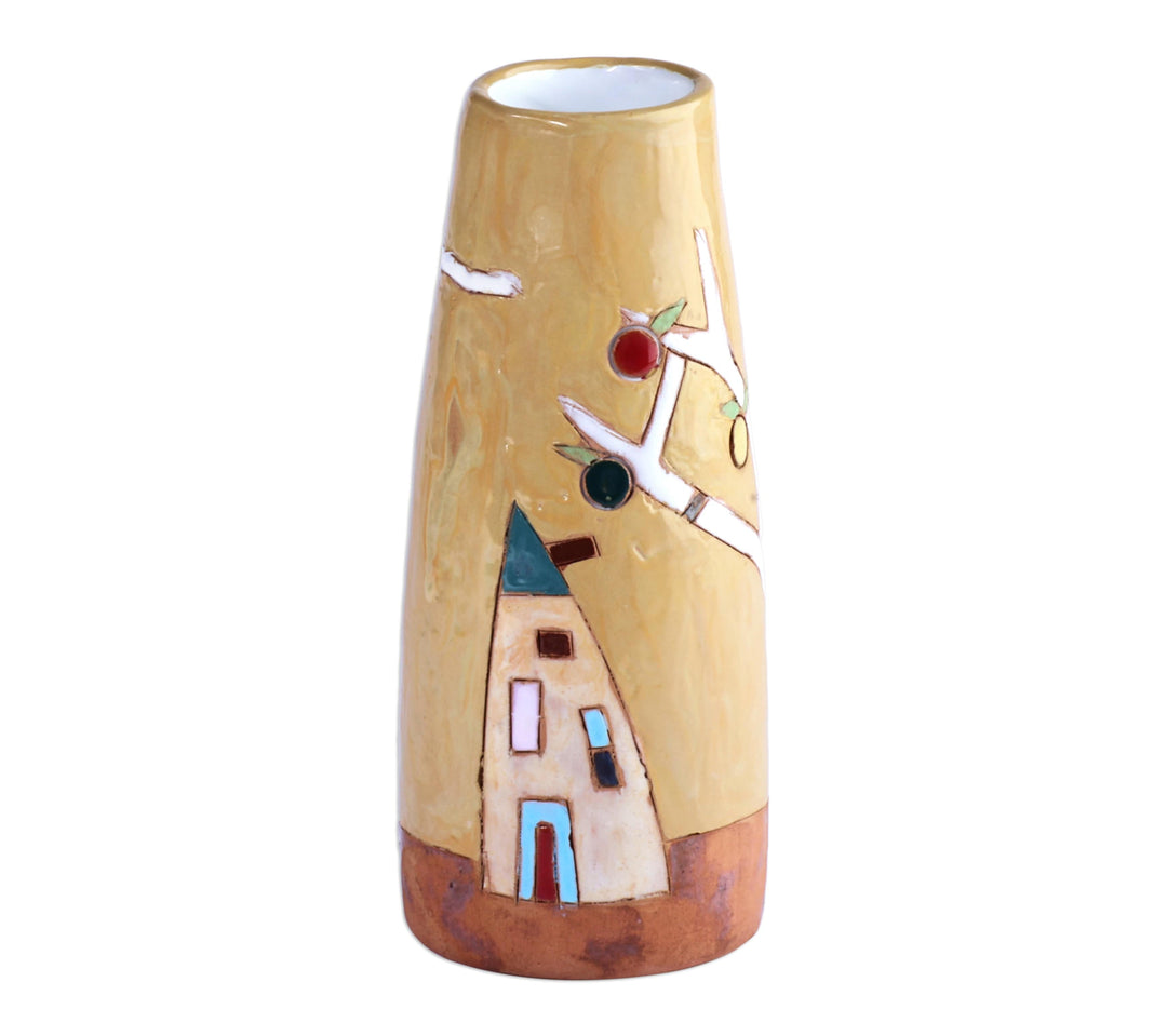 Glazed Ceramic Vase with Pomegranate Tree Motif in Yellow - Pomegranate Tree in Honey