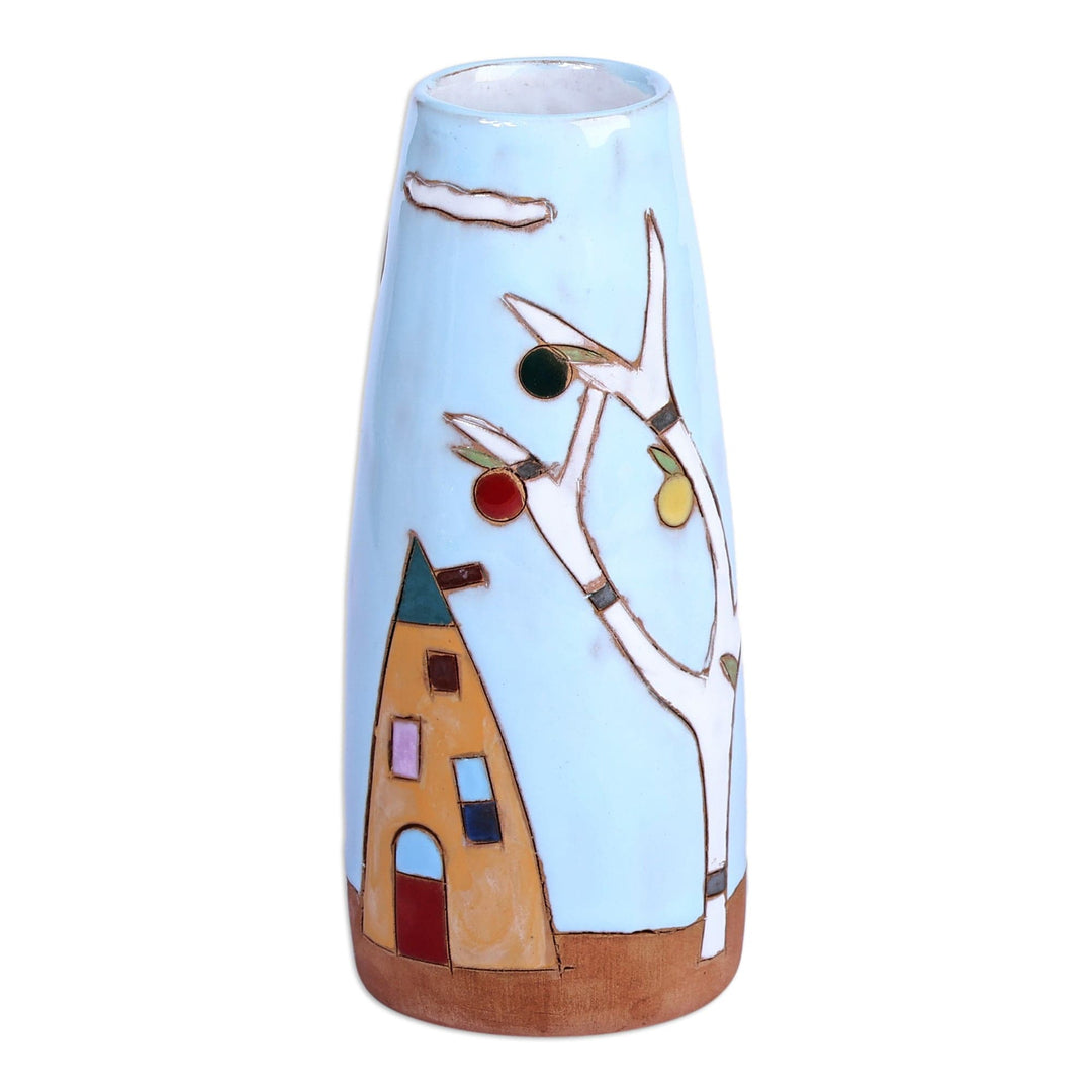Glazed Ceramic Vase with Pomegranate Tree Motif in Sky Blue - Pomegranate Tree in Blue