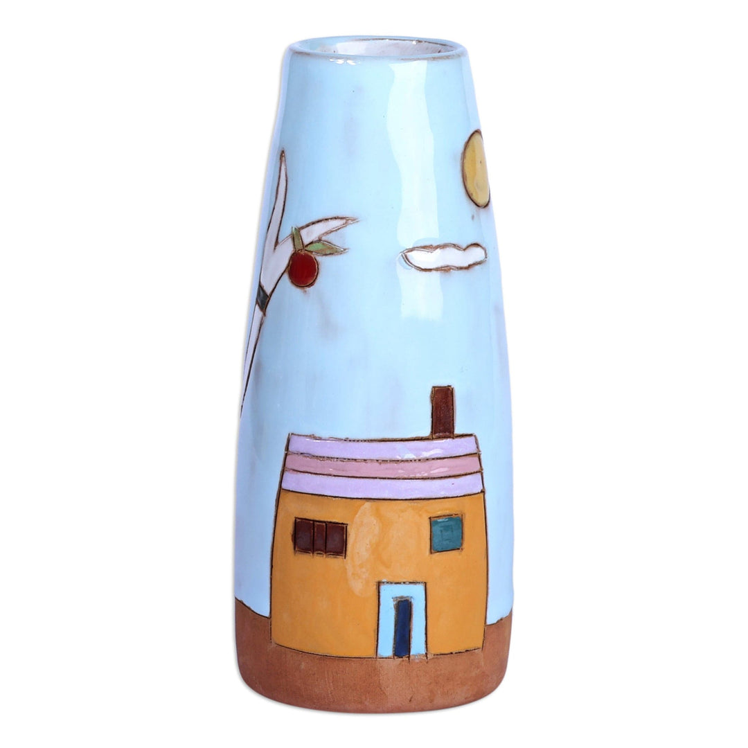 Glazed Ceramic Vase with Pomegranate Tree Motif in Sky Blue - Pomegranate Tree in Blue