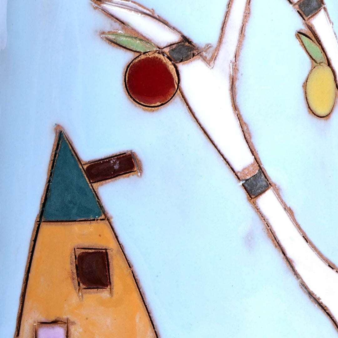 Glazed Ceramic Vase with Pomegranate Tree Motif in Sky Blue - Pomegranate Tree in Blue