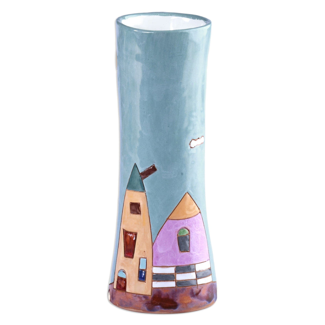 Hand-Painted Glazed Ceramic Vase with House and Tree Motif - Fabulous Homes