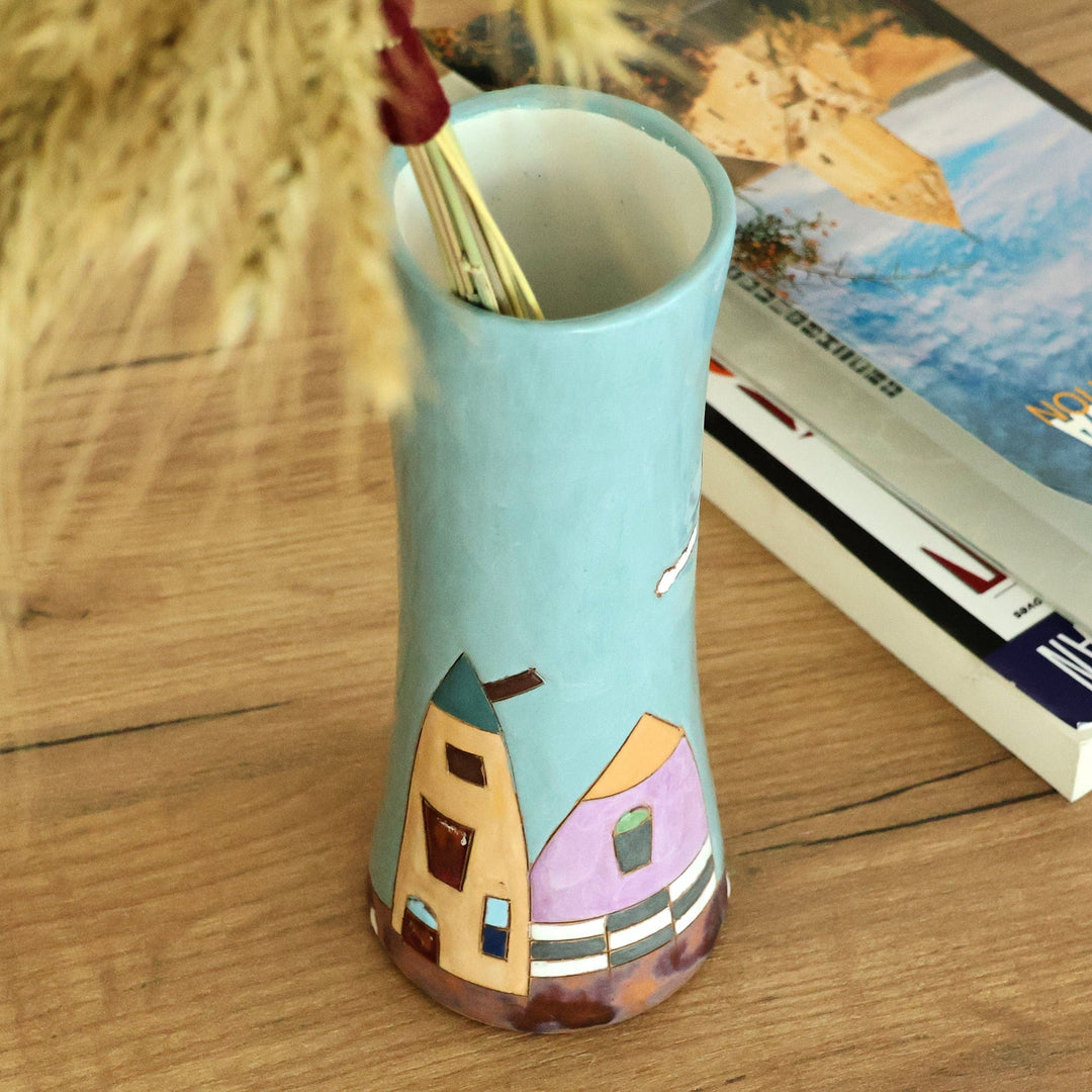 Hand-Painted Glazed Ceramic Vase with House and Tree Motif - Fabulous Homes