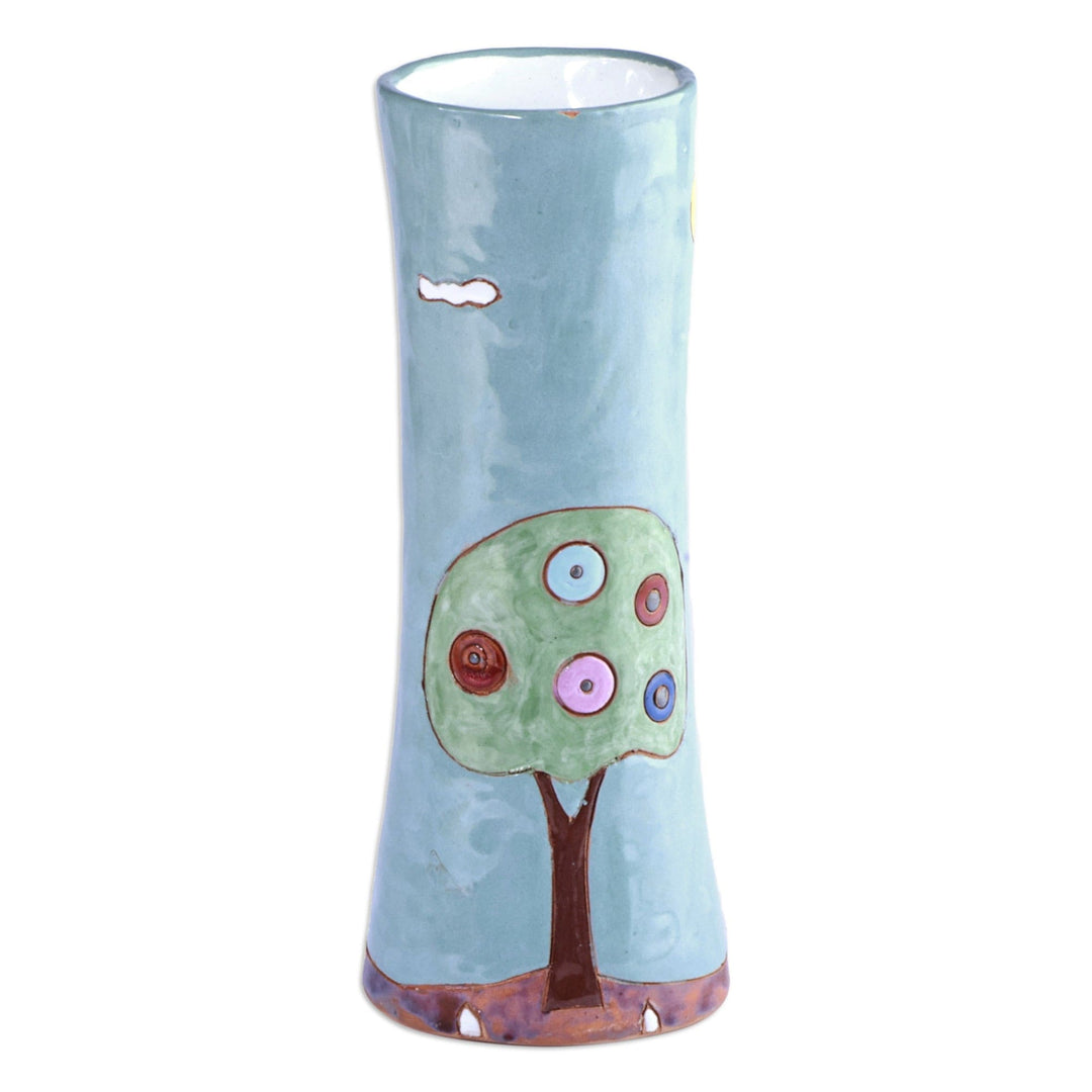Hand-Painted Glazed Ceramic Vase with House and Tree Motif - Fabulous Homes