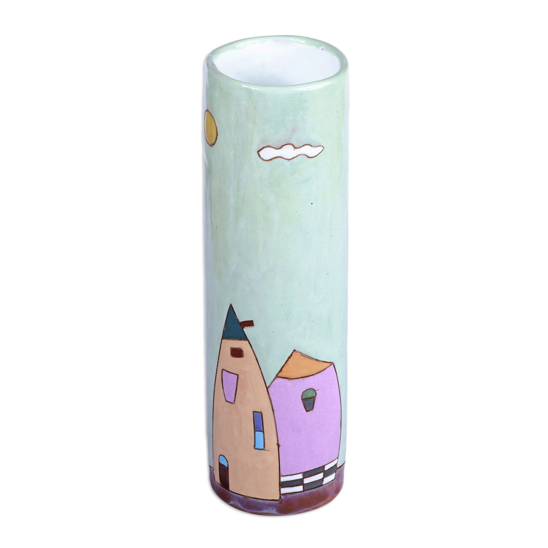 Hand-Painted Glazed Ceramic Vase with House Motif in Green - Delightful Homes