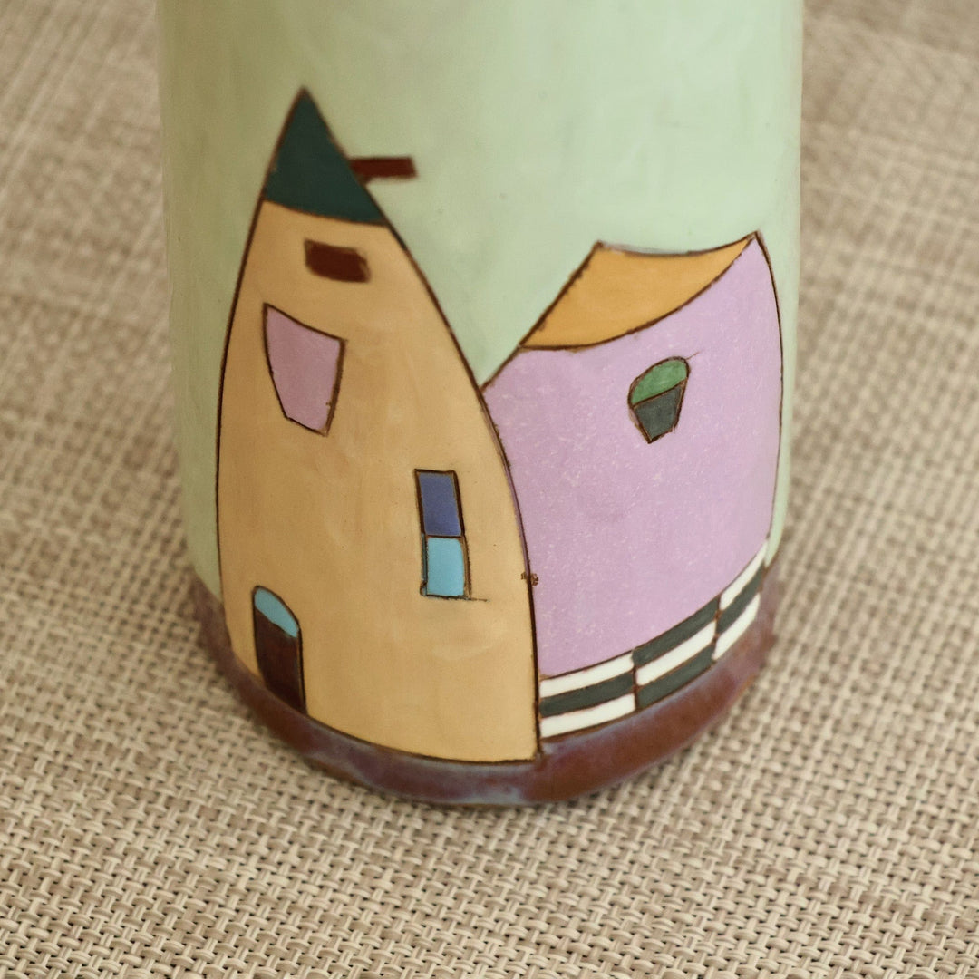 Hand-Painted Glazed Ceramic Vase with House Motif in Green - Delightful Homes