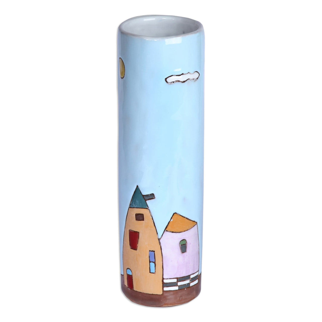 Hand-Painted Glazed Ceramic Vase with House Motif in Blue - Serene Homes