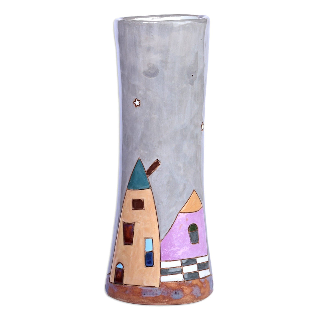 Hand-Painted Dark Grey Glazed Ceramic Vase with House Motif - Beautiful Homes