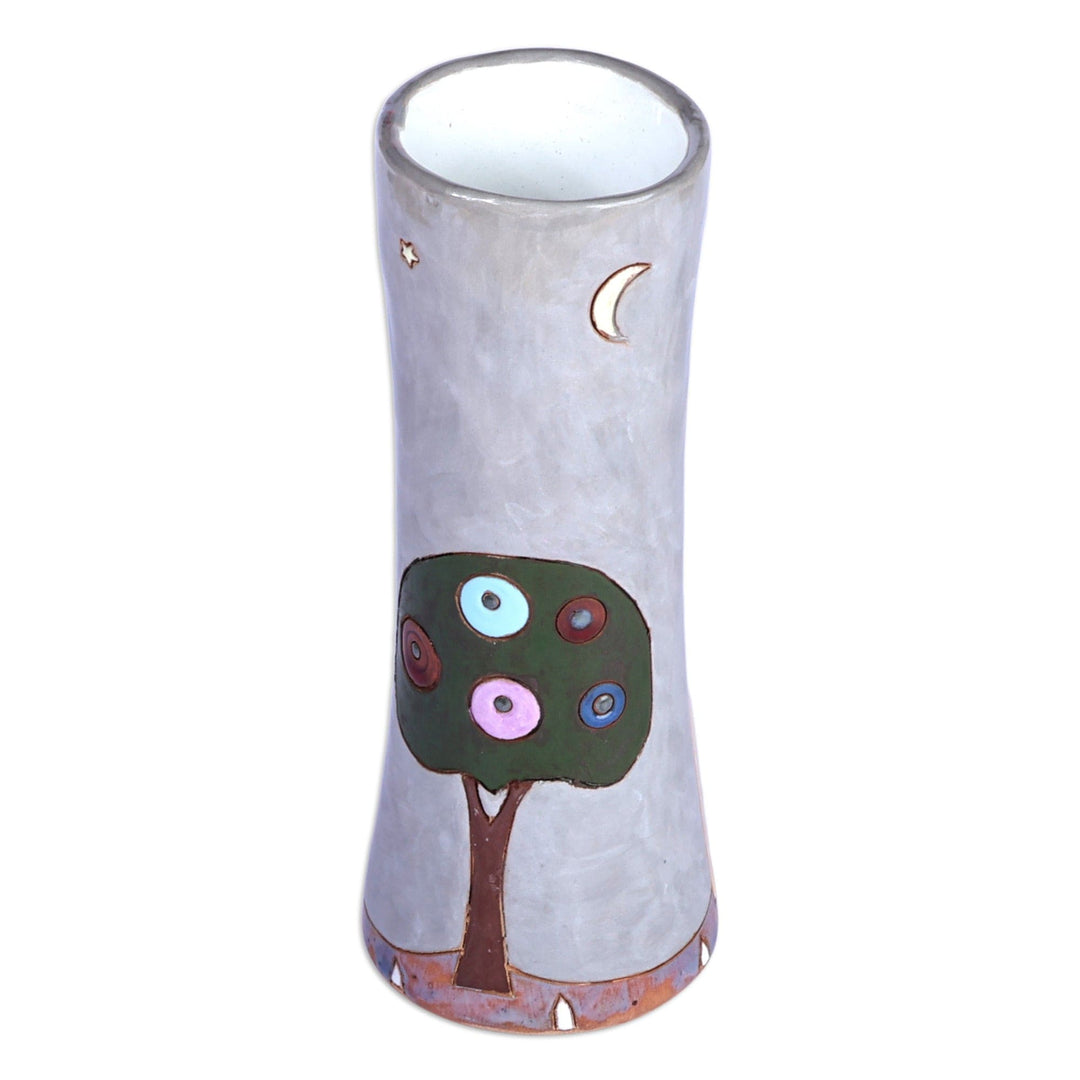 Hand-Painted Dark Grey Glazed Ceramic Vase with House Motif - Beautiful Homes