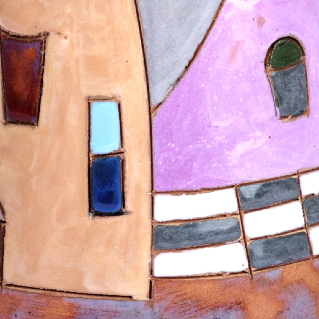 Hand-Painted Dark Grey Glazed Ceramic Vase with House Motif - Beautiful Homes