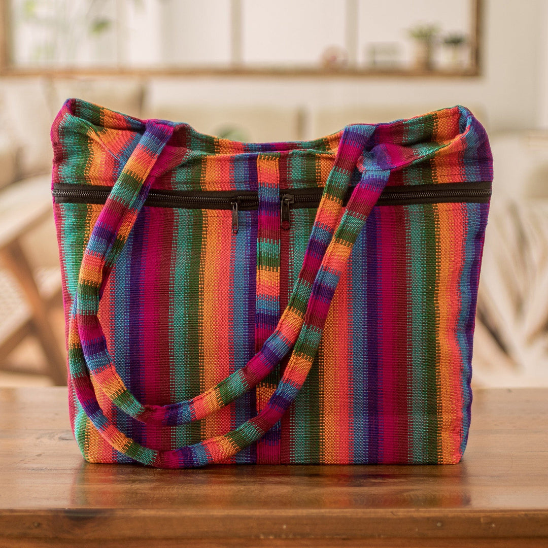 Striped Cotton Shoulder Bag Hand Woven in Guatemala - Colorful Countryside Stripes