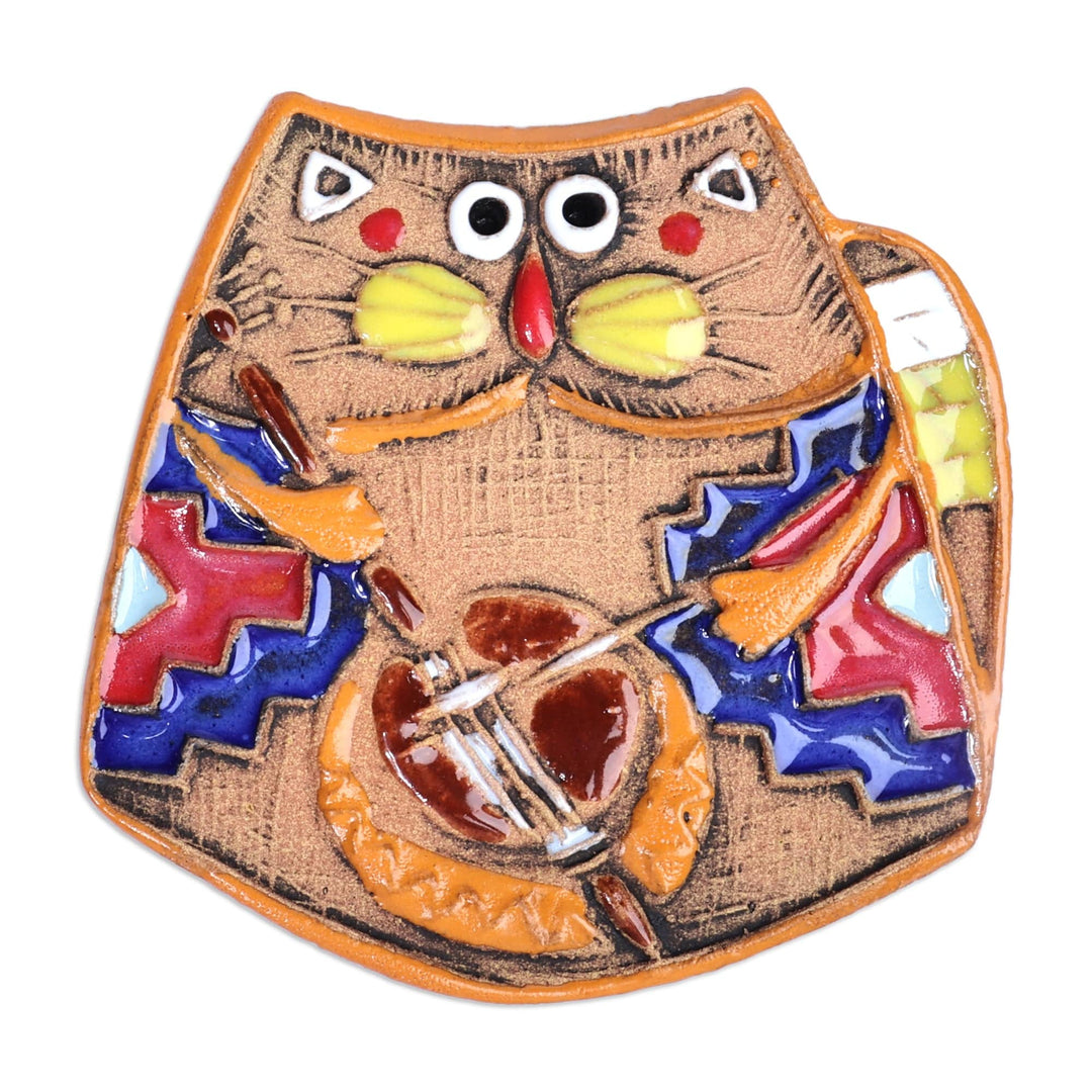 Traditional Cat and Music-Themed Ceramic Magnet from Armenia - Feline Emblem