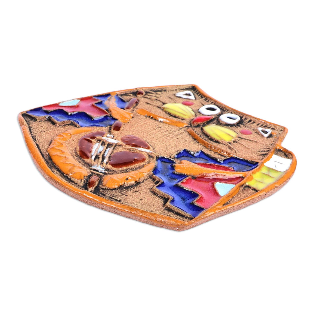 Traditional Cat and Music-Themed Ceramic Magnet from Armenia - Feline Emblem