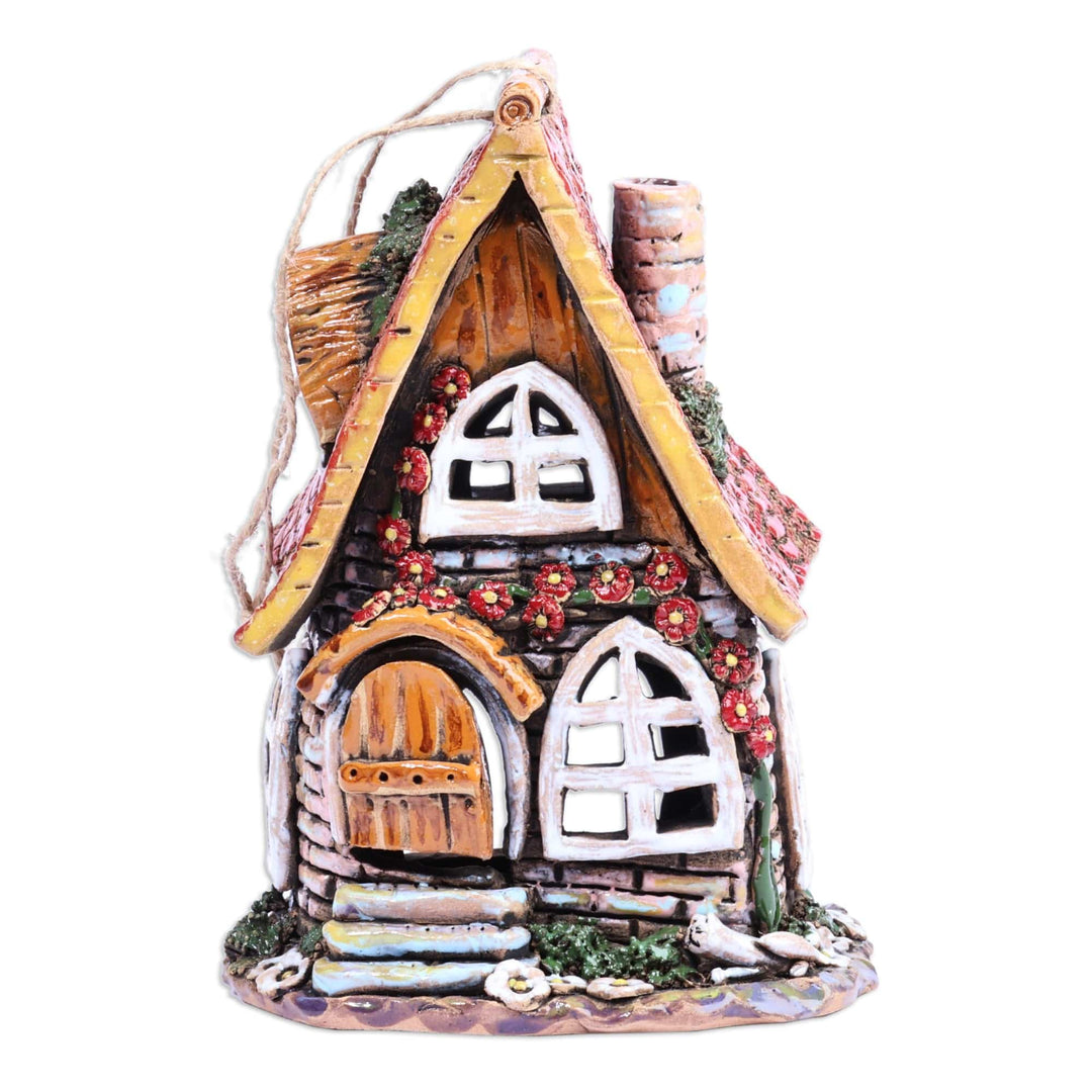 House-Themed Brown Painted Ceramic Tealight Holder - Warm Home