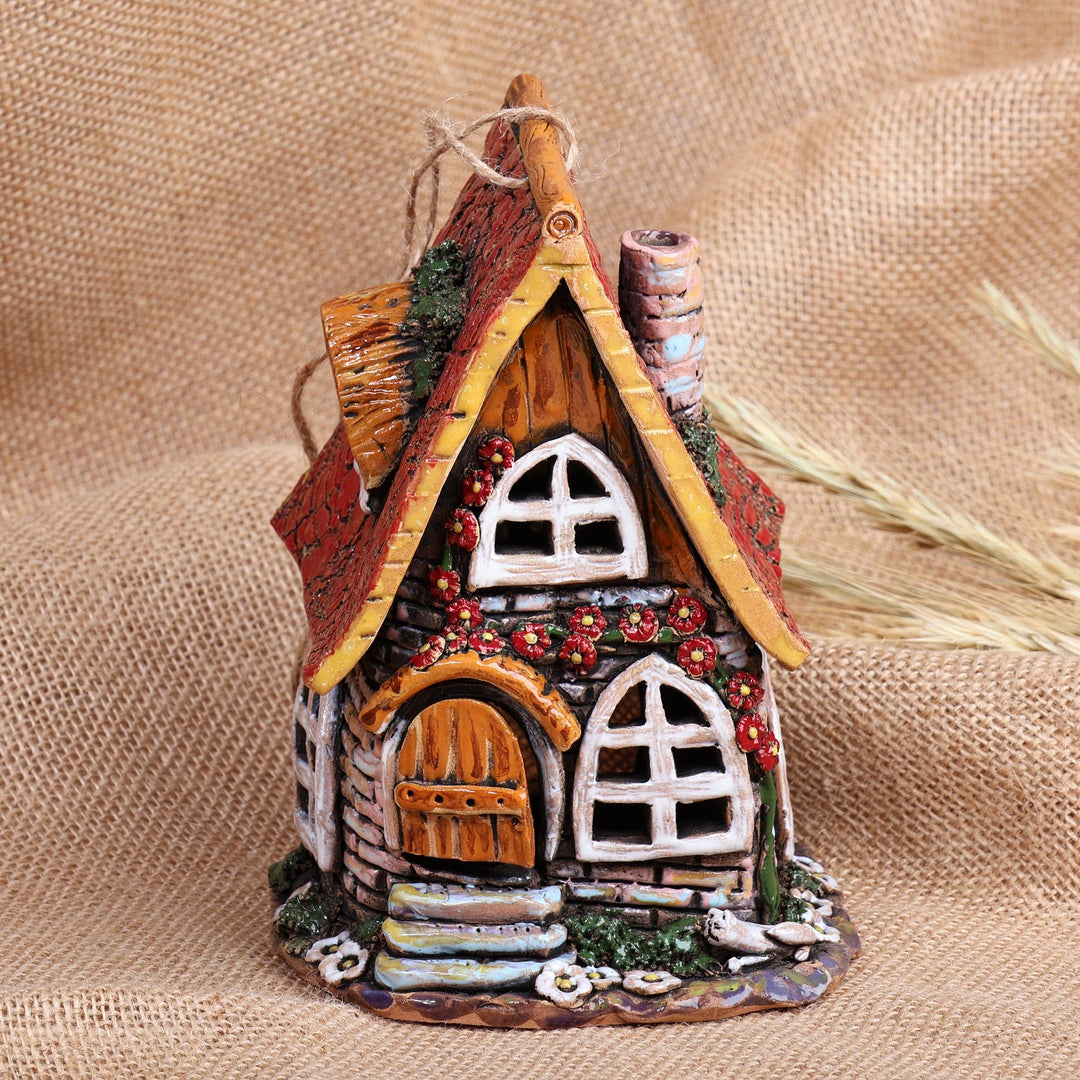 House-Themed Brown Painted Ceramic Tealight Holder - Warm Home