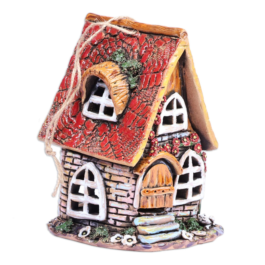 House-Themed Brown Painted Ceramic Tealight Holder - Warm Home