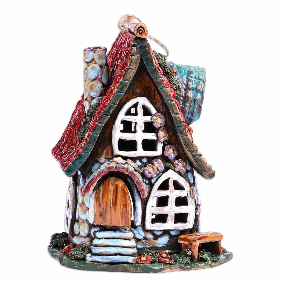 House-Themed Red Painted Ceramic Tealight Holder - Classic Home