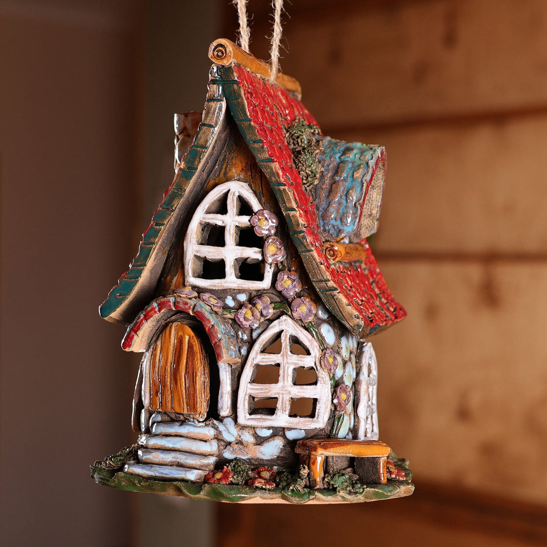 House-Themed Red Painted Ceramic Tealight Holder - Classic Home