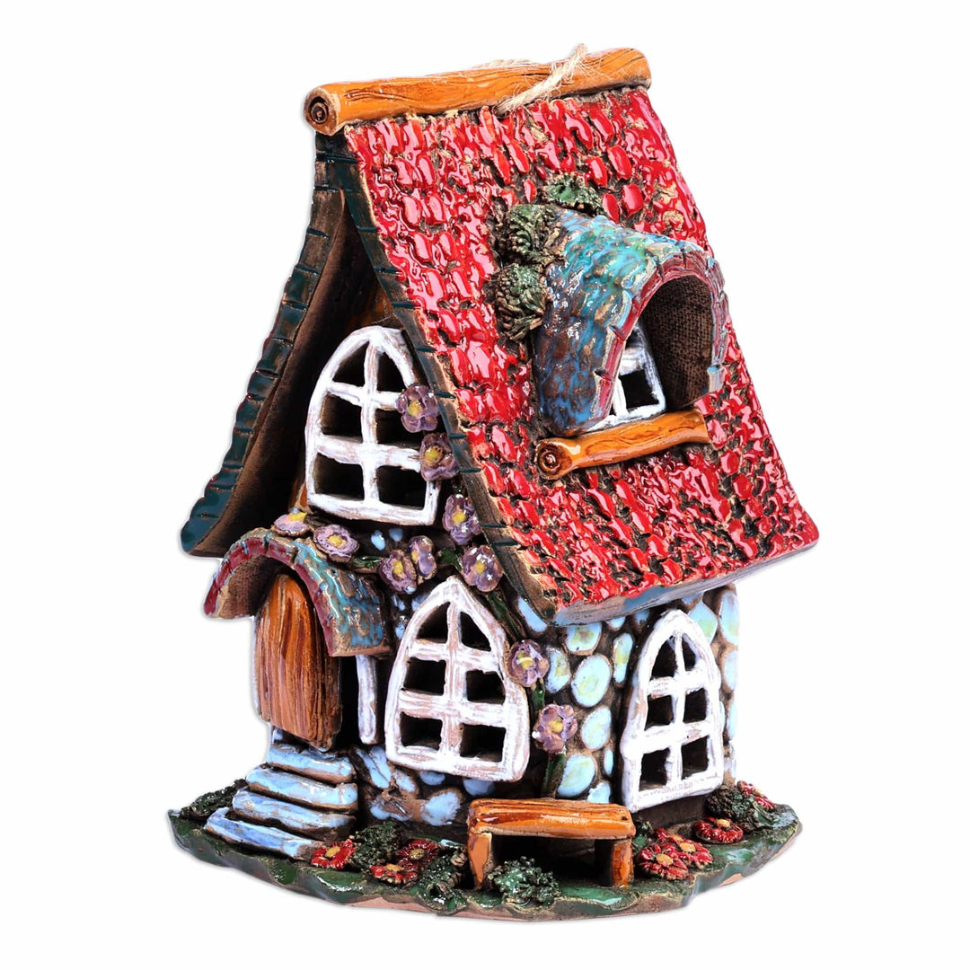 House-Themed Red Painted Ceramic Tealight Holder - Classic Home