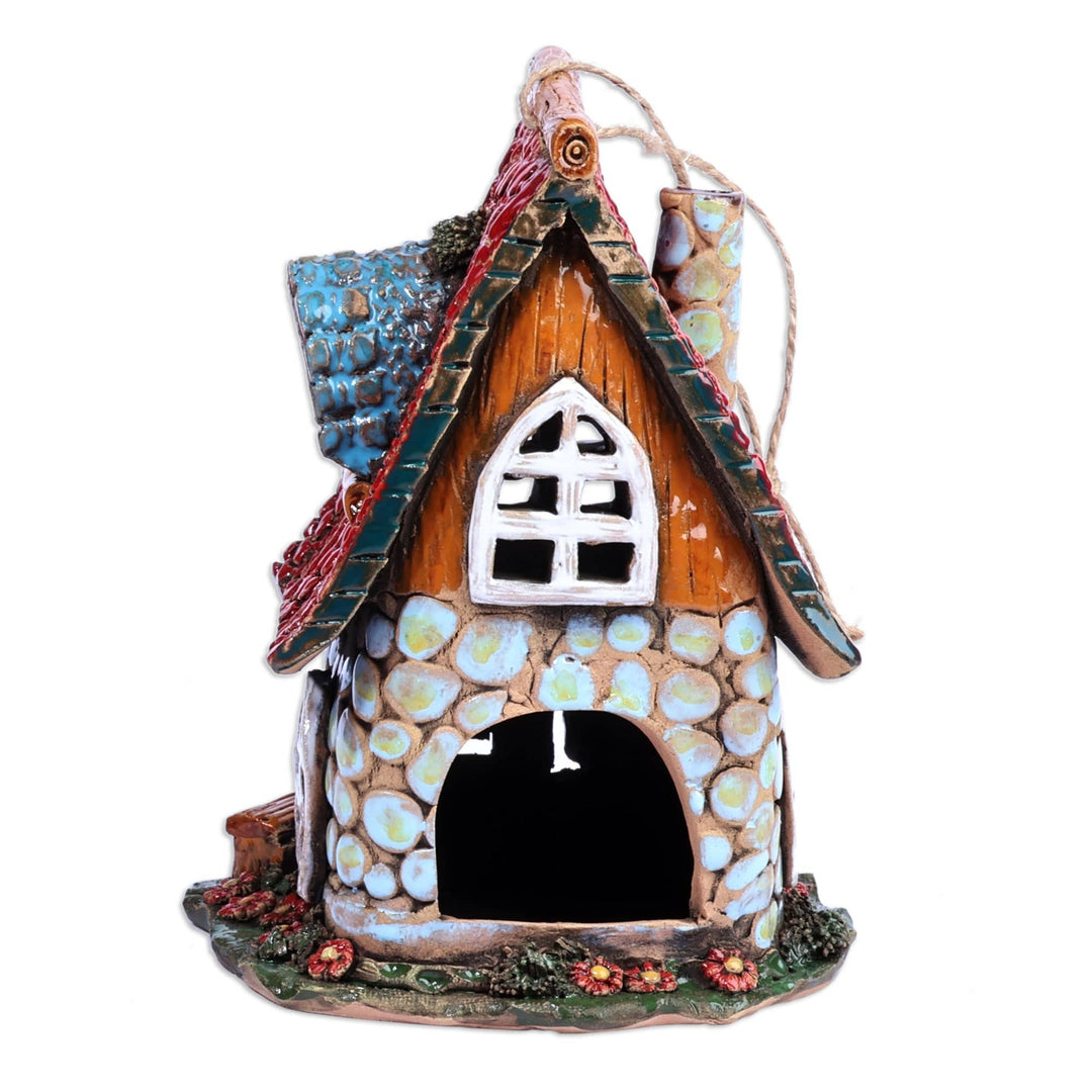 House-Themed Red Painted Ceramic Tealight Holder - Classic Home