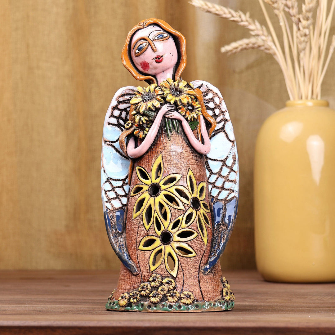 Handcrafted Whimsical Floral Angel Ceramic Sculpture - Angelic Spring