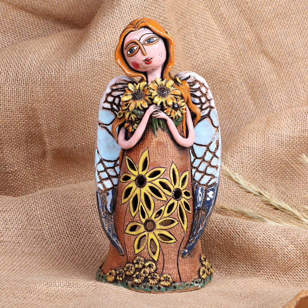 Handcrafted Whimsical Floral Angel Ceramic Sculpture - Angelic Spring