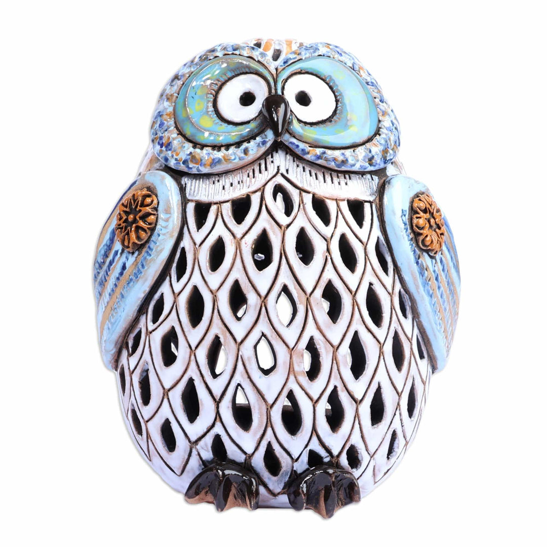 Handcrafted Painted Blue Owl-Shaped Ceramic Tealight Holder - Light Owl