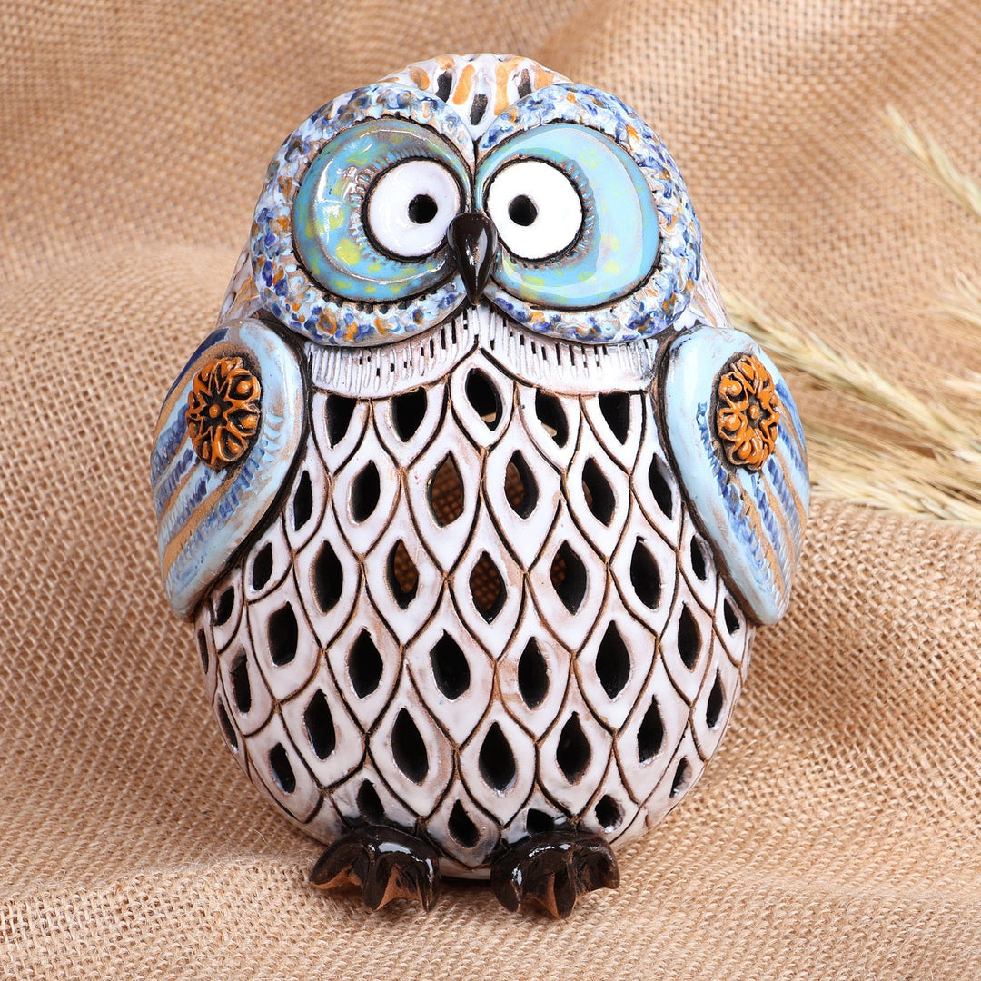 Handcrafted Painted Blue Owl-Shaped Ceramic Tealight Holder - Light Owl