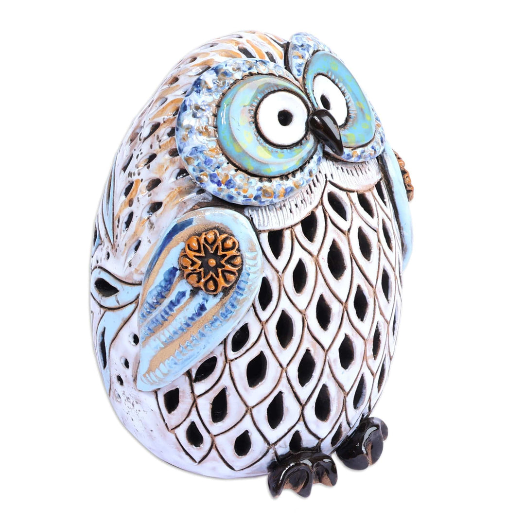Handcrafted Painted Blue Owl-Shaped Ceramic Tealight Holder - Light Owl