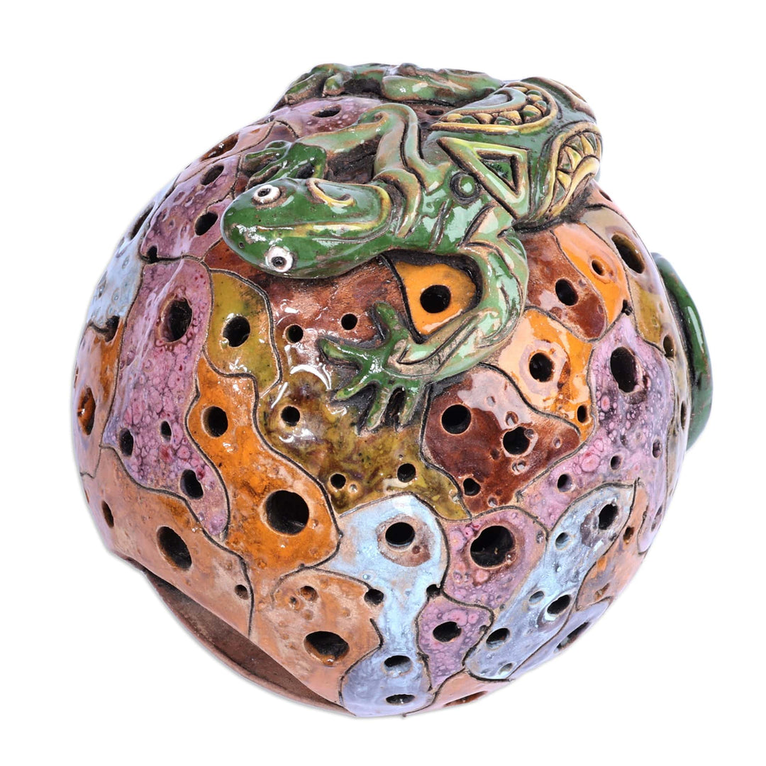 Handcrafted Painted Lizard-Themed Ceramic Tealight Holder - Lizard Mischief