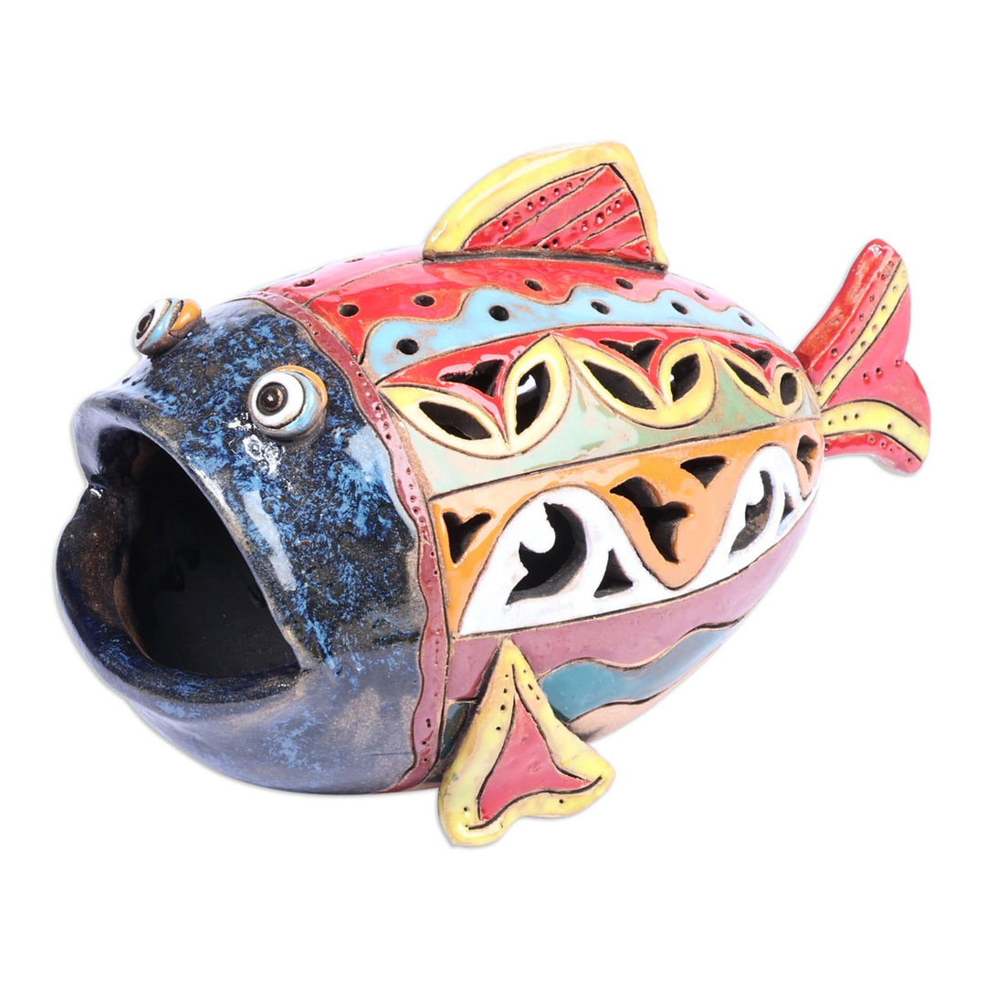 Handcrafted Multicolor Fish-Shaped Ceramic Tealight Holder - Light Fish