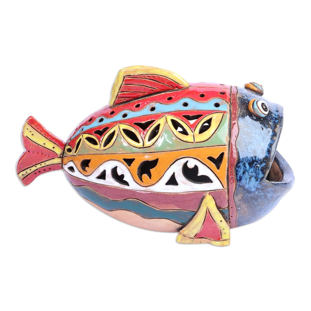 Handcrafted Multicolor Fish-Shaped Ceramic Tealight Holder - Light Fish